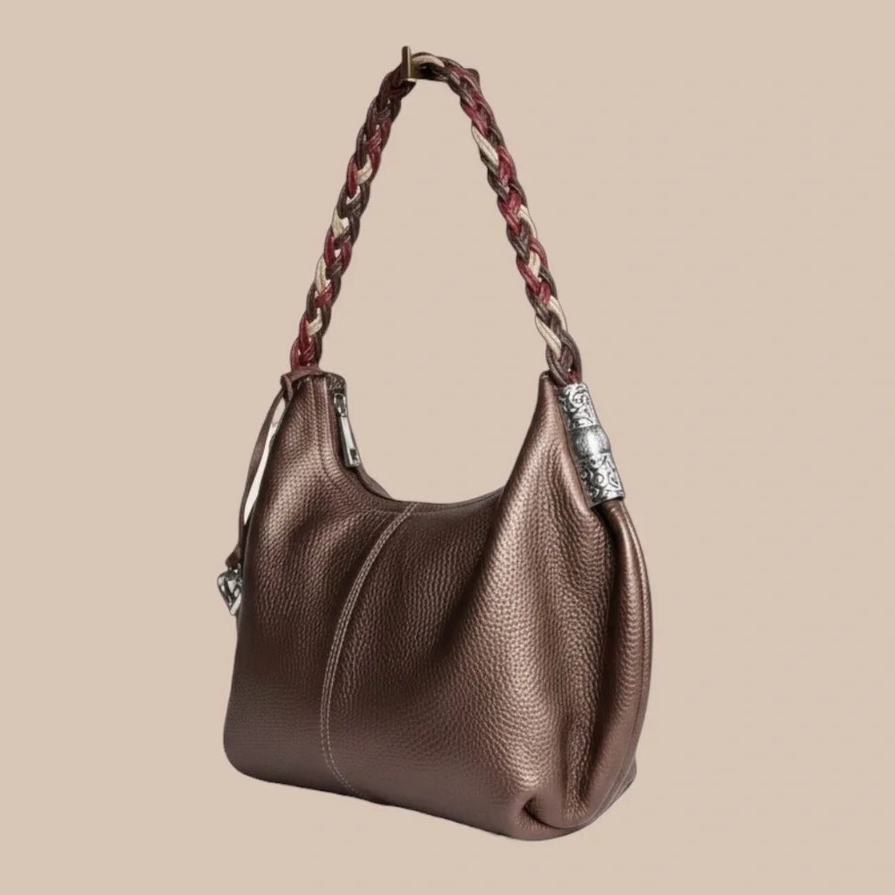 Brighton NWOT Braided Strap Pebbled Leather Hobo in Bronze with Heart Charm